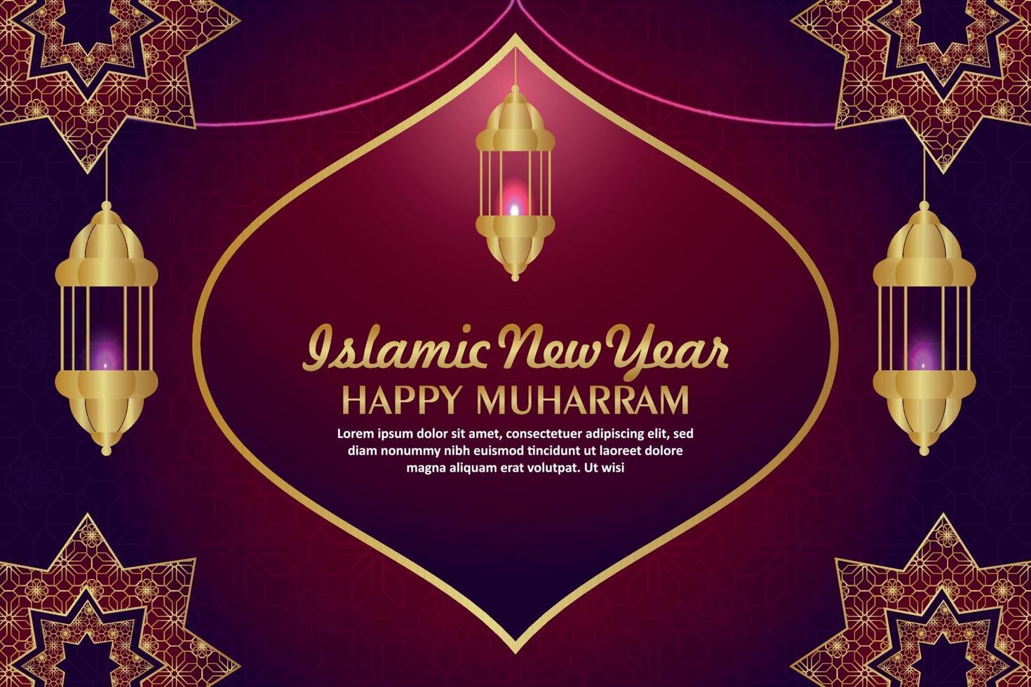 Islamic new year happy muharram celebration greeting card with creative lantern on pattern background vector