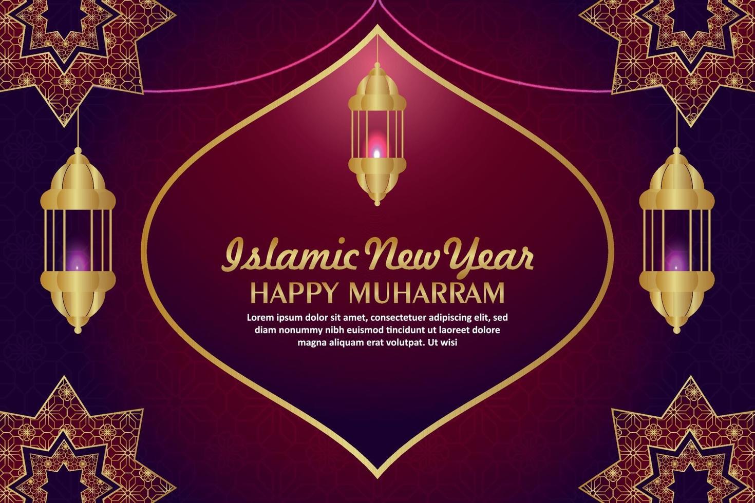 Islamic new year happy muharram celebration greeting card with creative lantern on pattern background vector