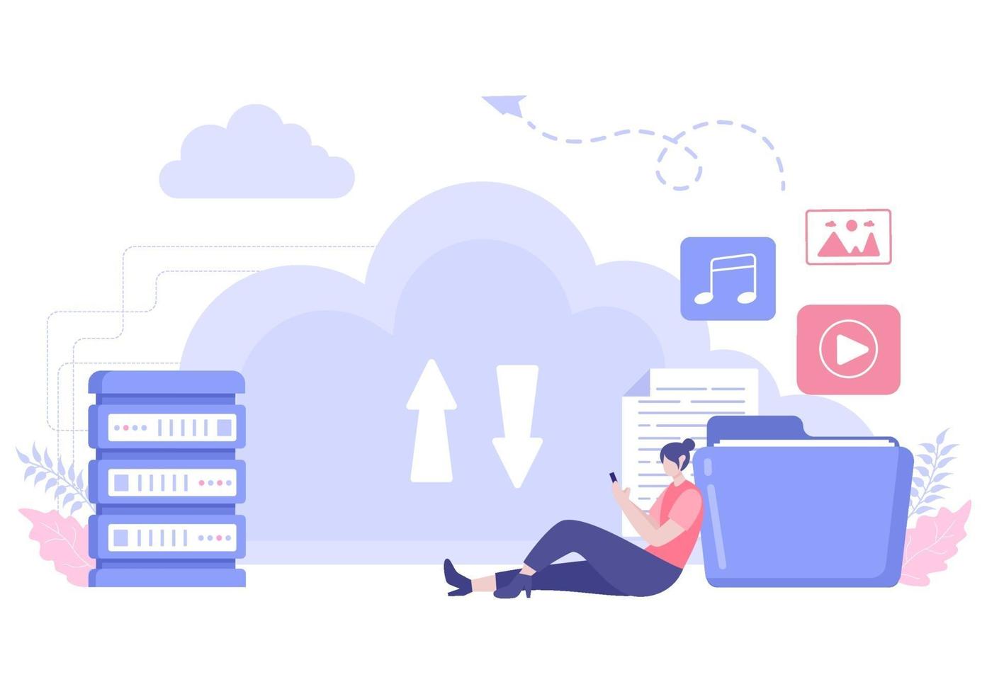 Cloud Backup Storage illustration of Computer System For Information Sharing, Hosting, Saving, Copying File, Server, and Data Center vector