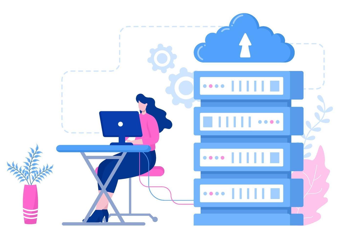 Computer Cloud Server Hosting Storage Illustration Of Data Transmission Technology and Protection With Administrator or Developer Team vector