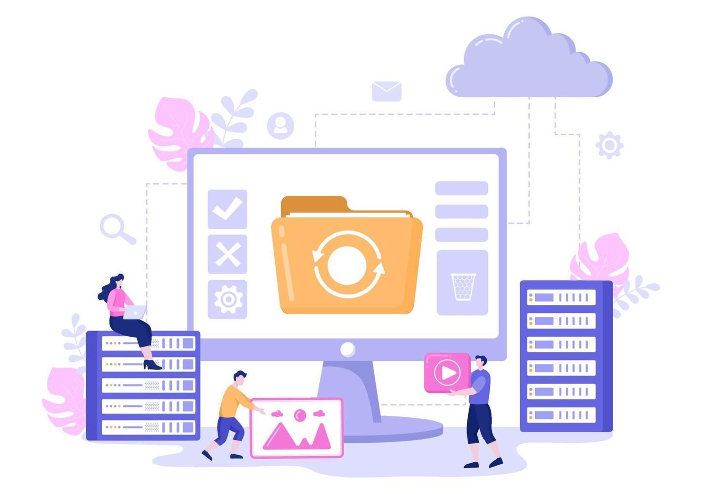 Computer Cloud Server Hosting Storage Illustration Of Data Transmission Technology and Protection With Administrator or Developer Team vector