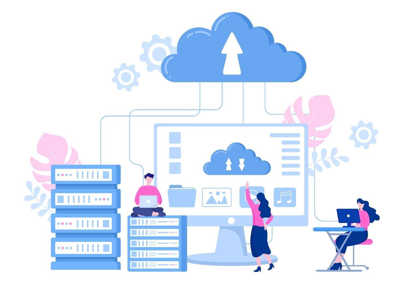 Cloud Data Storage Hosting Research Illustration For Information Database Statistics And Search Analysis vector