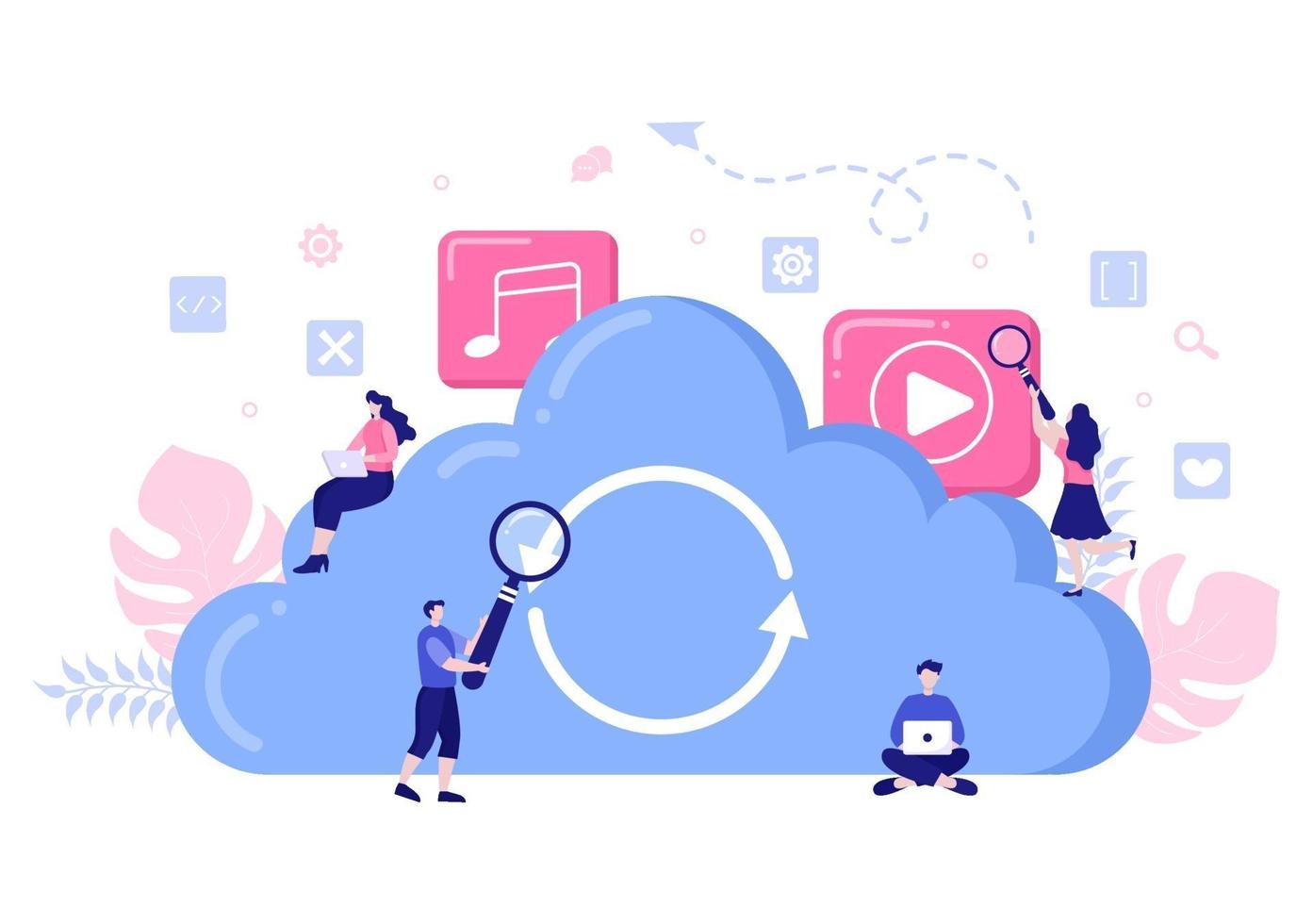 Cloud Data Storage Hosting Research Illustration For Information Database Statistics And Search Analysis vector