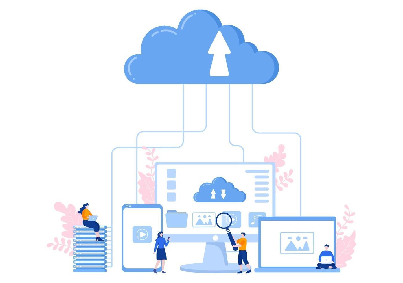 Cloud Data Storage Hosting Research Illustration For Information Database Statistics And Search Analysis vector