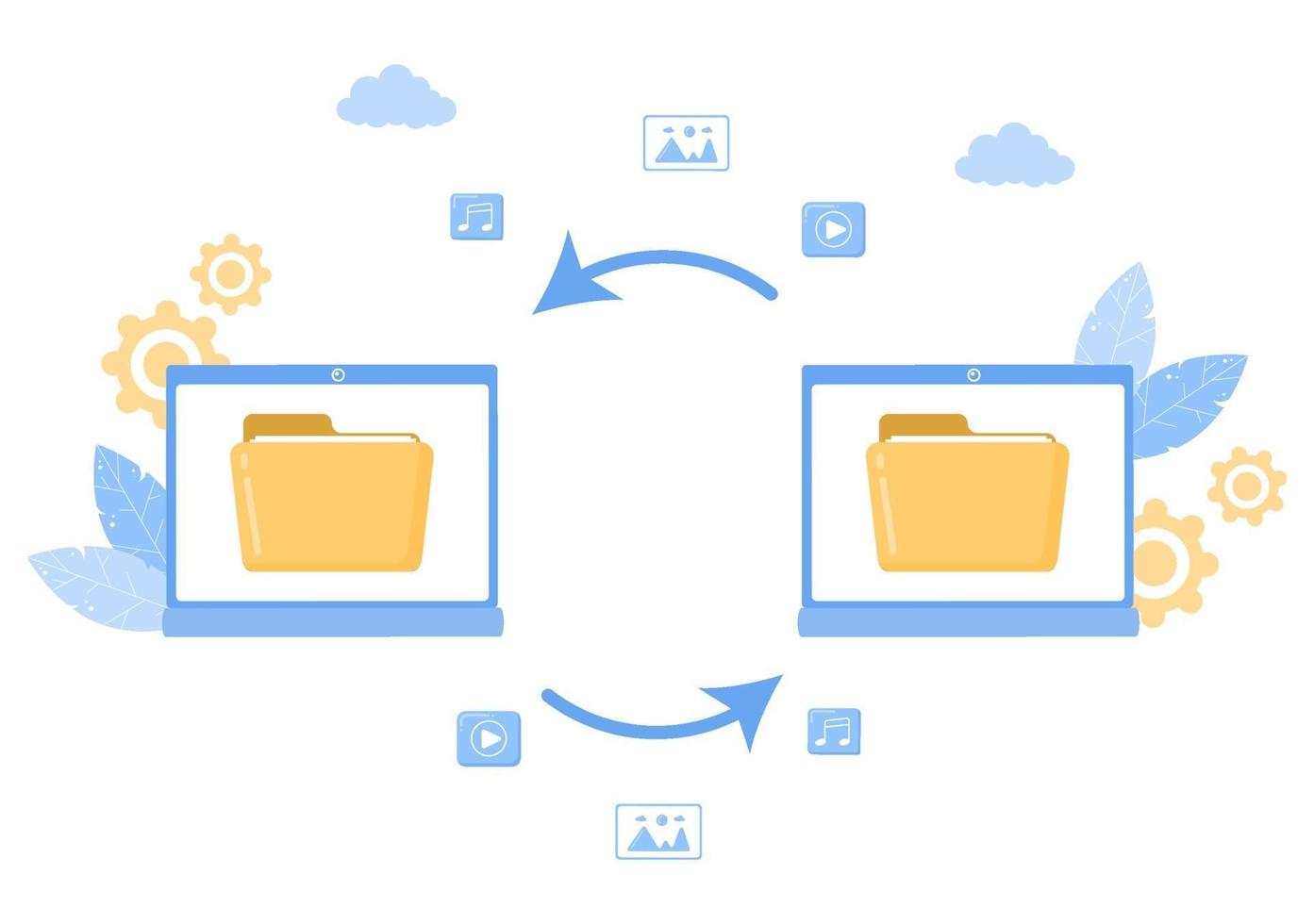 Ilustración de almacenamiento de copia de seguridad en la nube del sistema informático para compartir información, alojar, guardar, copiar archivos, servidores y centros de datos vector