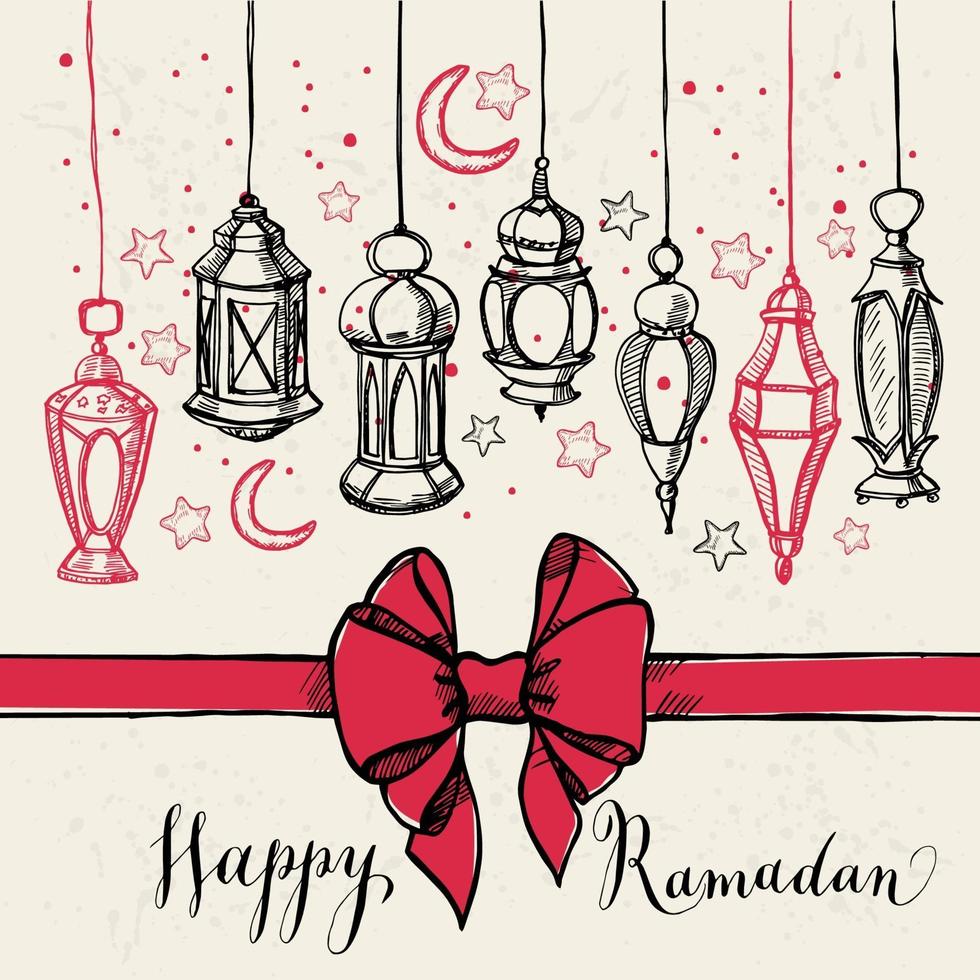 Ramadan Kareem illustration with lantern and bow. Hand drawn style. vector
