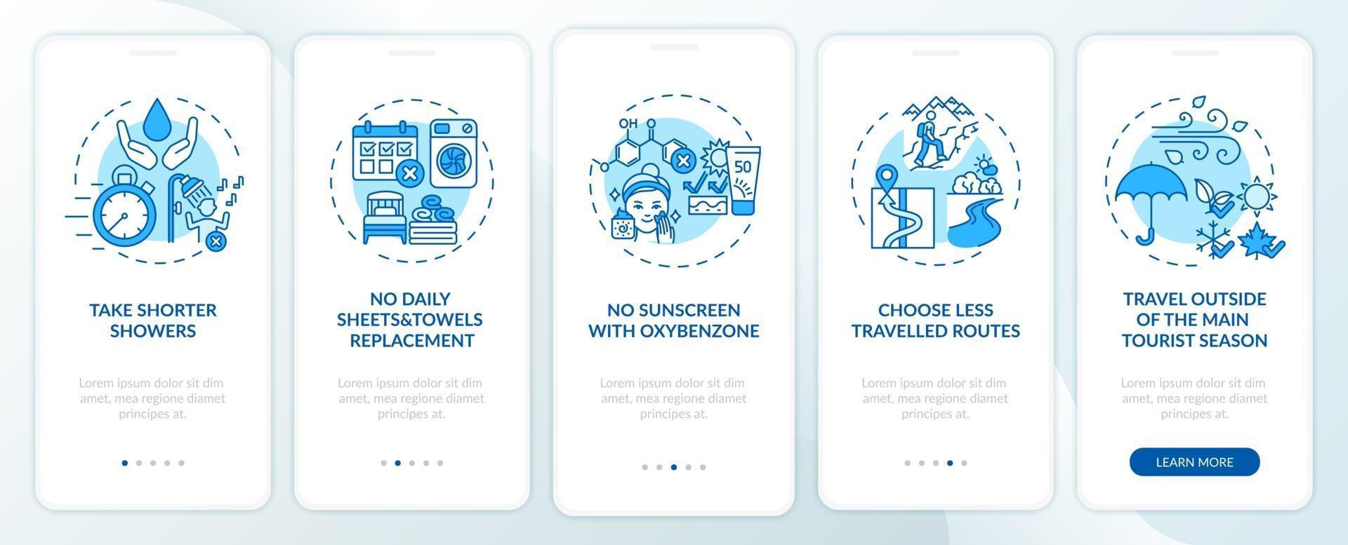 Sustainable tourism ideas onboarding mobile app page screen with concepts vector