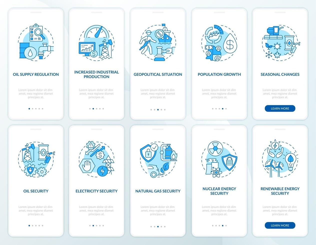 Energetic security onboarding mobile app page screen with concepts set vector