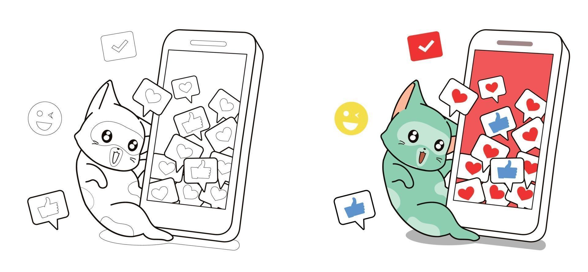 Cat and smart phone with social icons cartoon coloring page vector