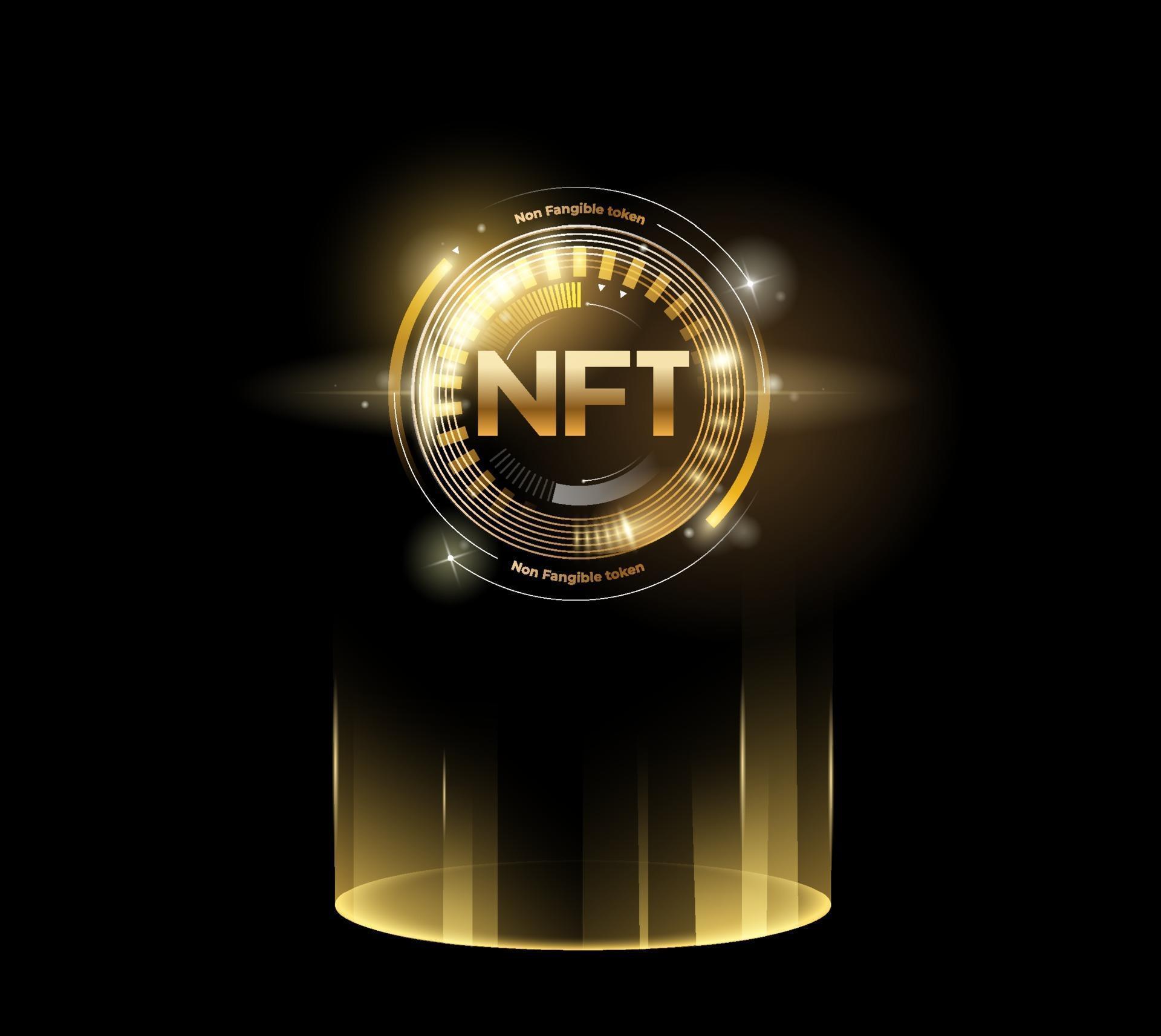 NFT non fungible tokens with glitter effect in golden style. Vector