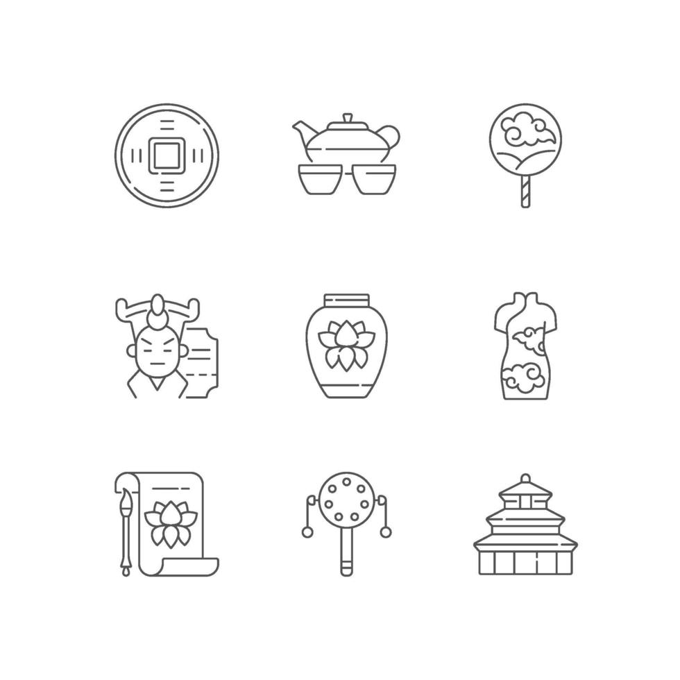 Chinese traditions linear icons set vector