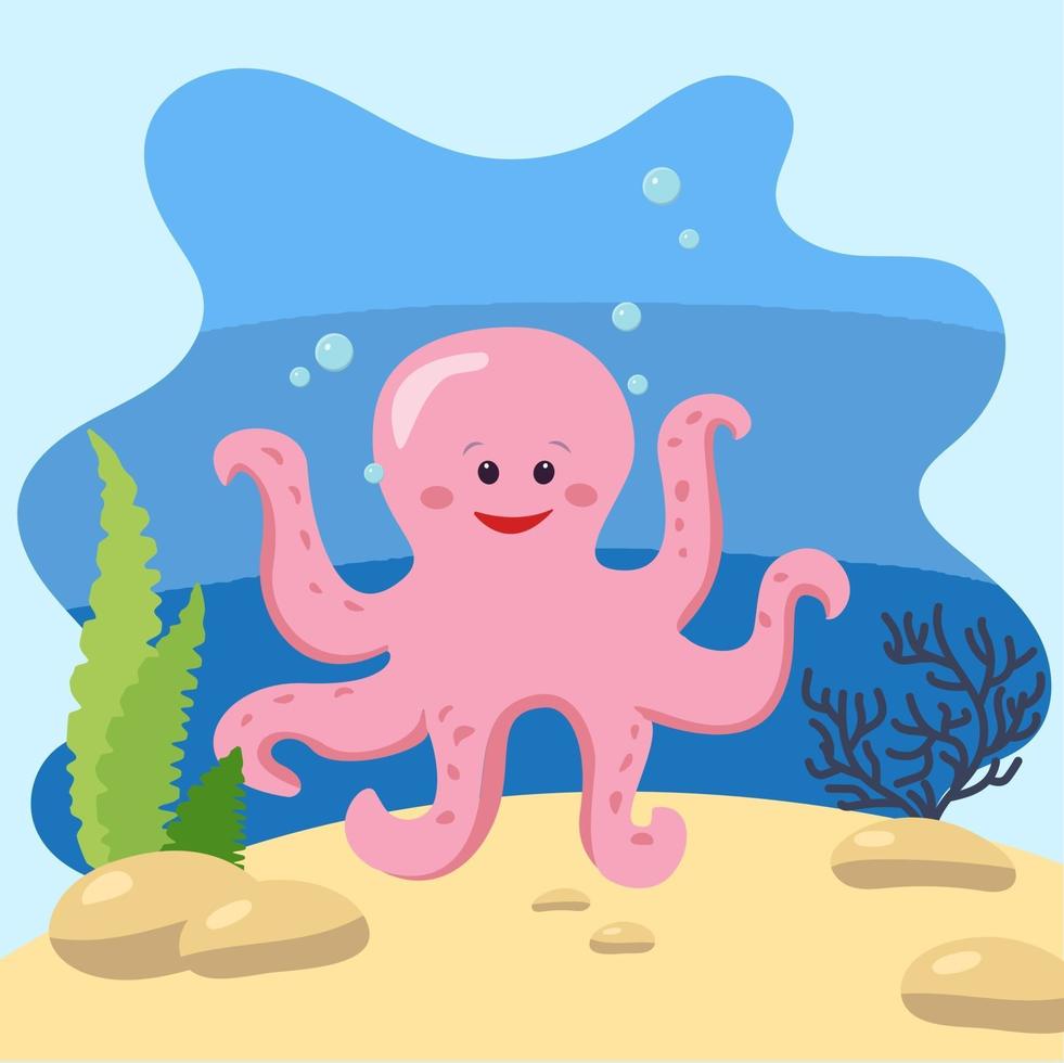 Cute octopus on the background of the seascape. Isolated vector illustration in the seabed. Design concept with marine mammal. Cartoon style