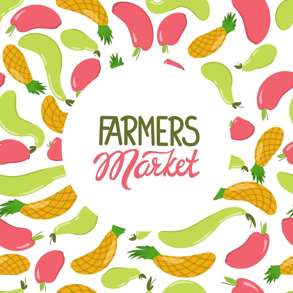 Fondo de frutas con letras del mercado de agricultores. ilustración vectorial en un estilo plano. manzana, piña, pera vector
