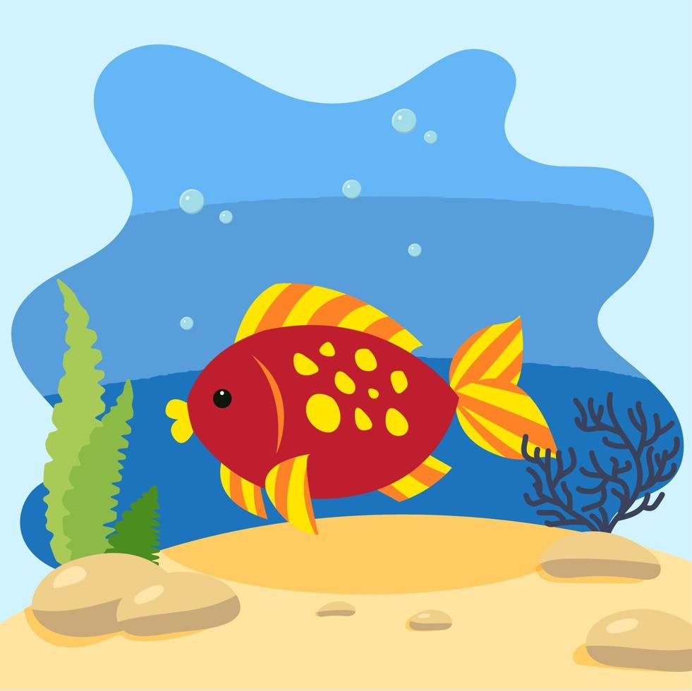 Cute fish on the background of the seascape. Isolated vector illustration in the seabed. Design concept with marine mammal. Cartoon style