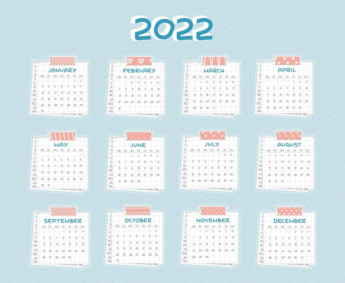 Horizontal Calendar for 2022 from January to December. Every month is on squared paper with dots, piece of newspaper is at the bottom, pink scotch, color patterned adhesive tape is on the top vector