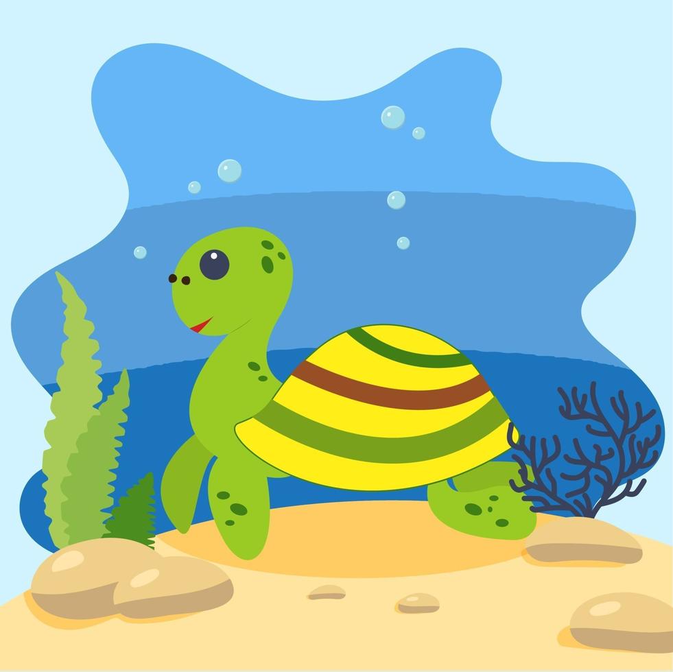 Cute turtle on the background of the seascape. Isolated vector illustration in the seabed. Design concept with marine mammal. Cartoon style