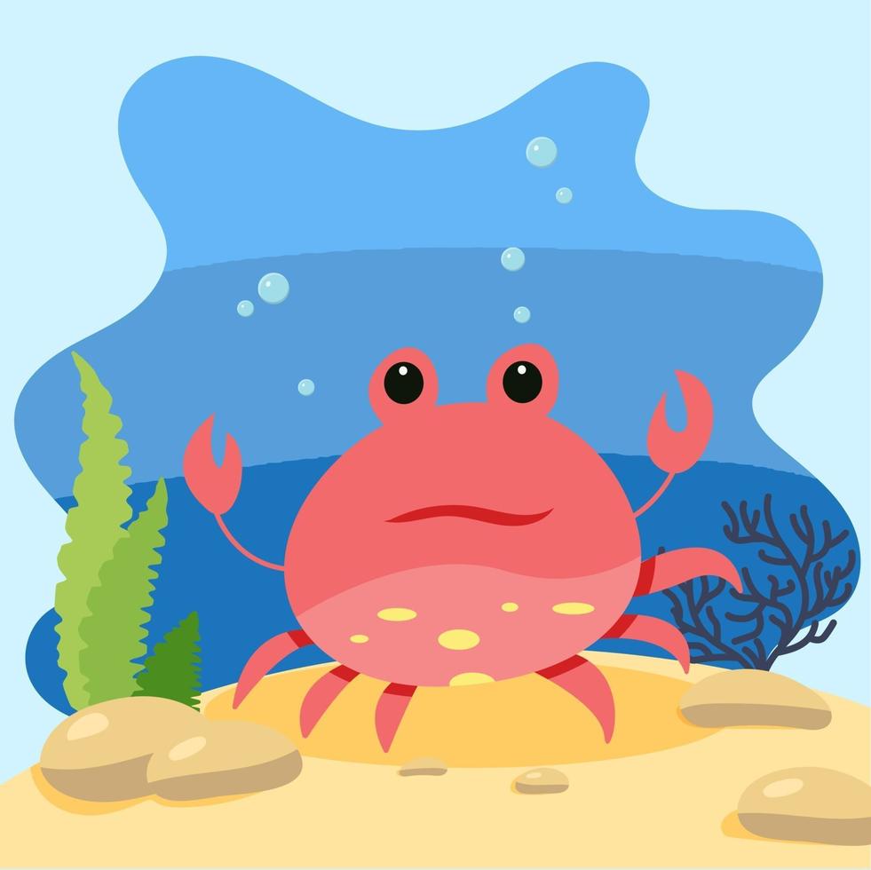 Cute sea crab on the background of the seascape. Isolated vector illustration in the seabed. Design concept with marine mammal. Cartoon style