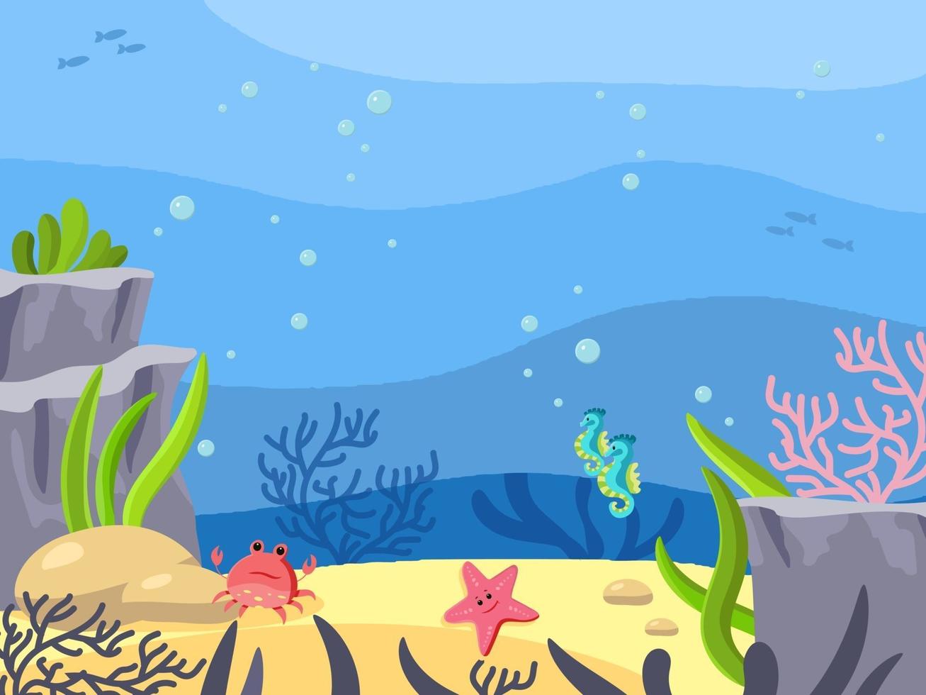 Seabed, underwater world. Background in cartoon style. Vector illustration. Ocean depth