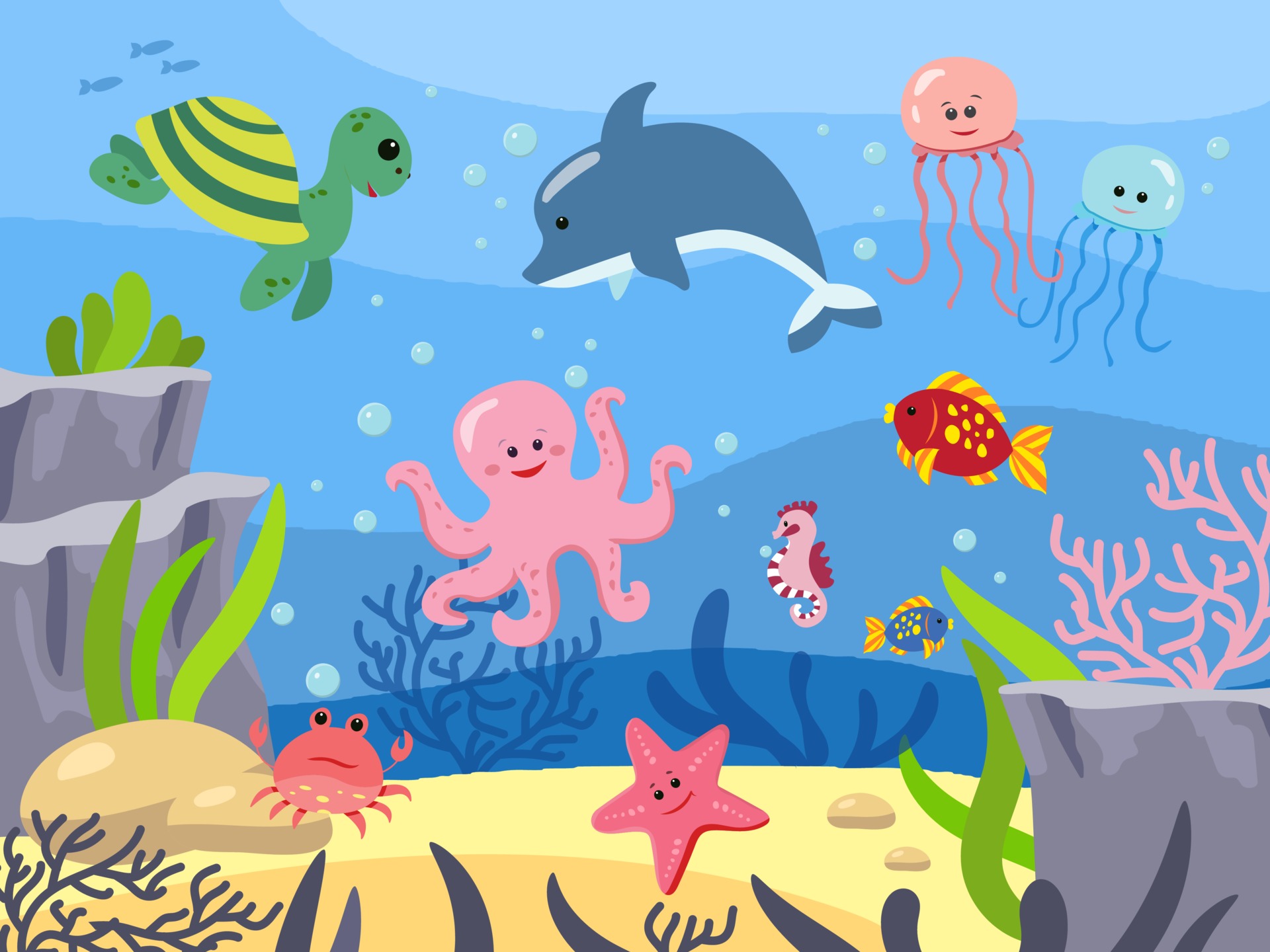 Seabed with mammals, underwater world. Animals of the sea. Background ...