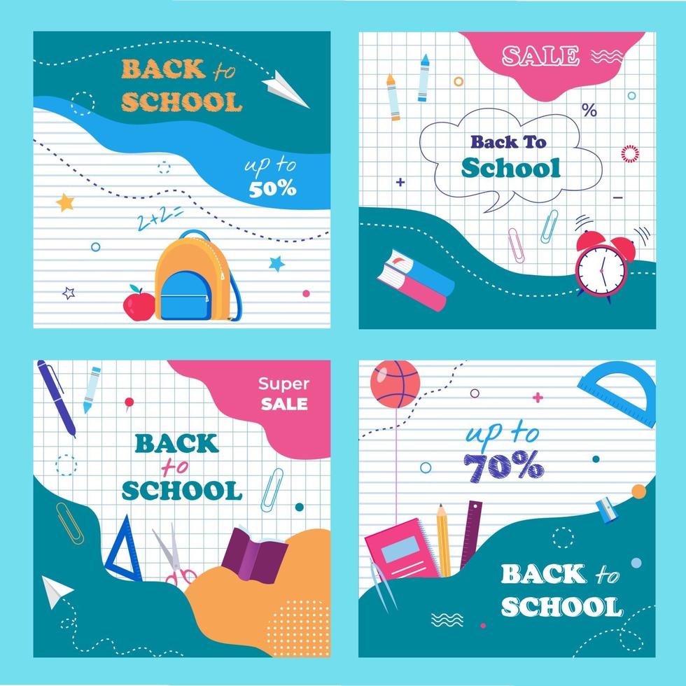 Back to school banners template set. Notebook paper background and school items. vector