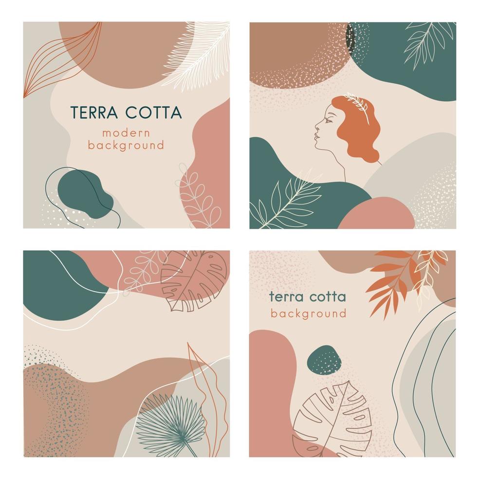 Social media banners set of abstract modern backgrounds with terra cotta pastel color combinations, shapes and tropical palm , monstera leaves, one line women face logo or icon. vector