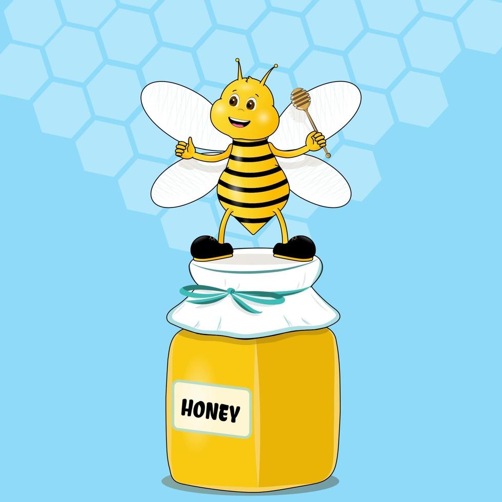 Cartoon cute bee mascot pointing holding honey dipper standing on honey jar and smiling. Animation character. Funny insect with Natural dessert, Organic food. Ecological product vector illustration