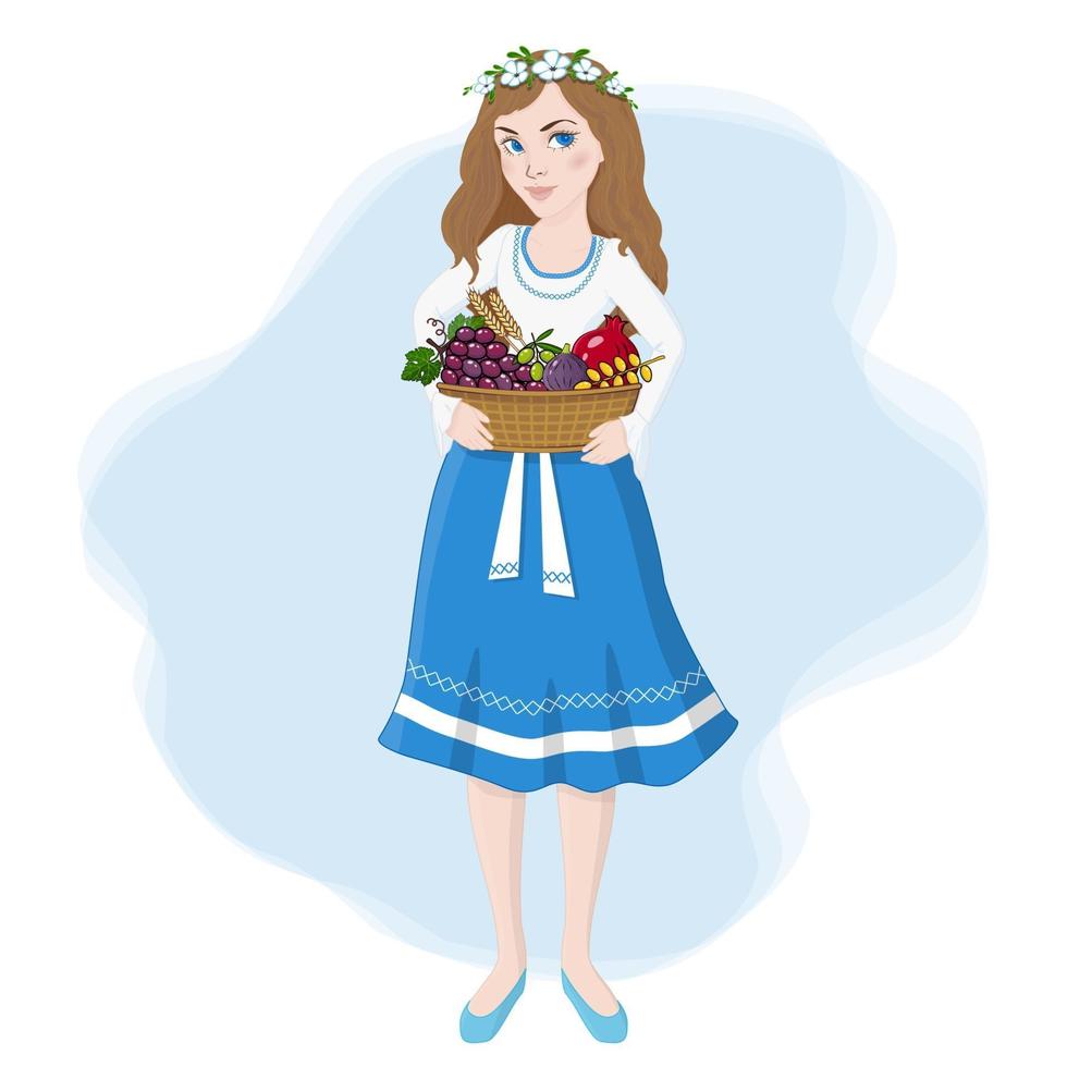 niña sosteniendo una canasta de frutas, verduras y cultivos tradicionales. vacaciones de shavuot, siete conceptos de especies en estilo de dibujos animados planos. Mujer joven con canasta, llevando espigas para el festival de la cosecha vector