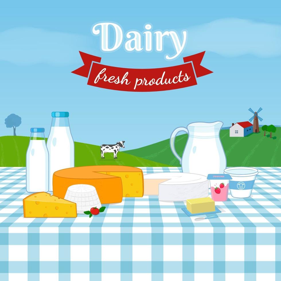 Dairy milk products set, rural farm landscape with dairy cattle cow, windmill, house. Cheese blocks, yogurt, milk jug, bottles, butter. vector