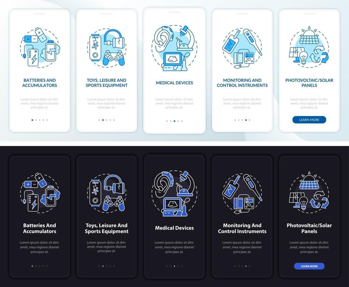 E-scrap types onboarding mobile app page screen with concepts vector