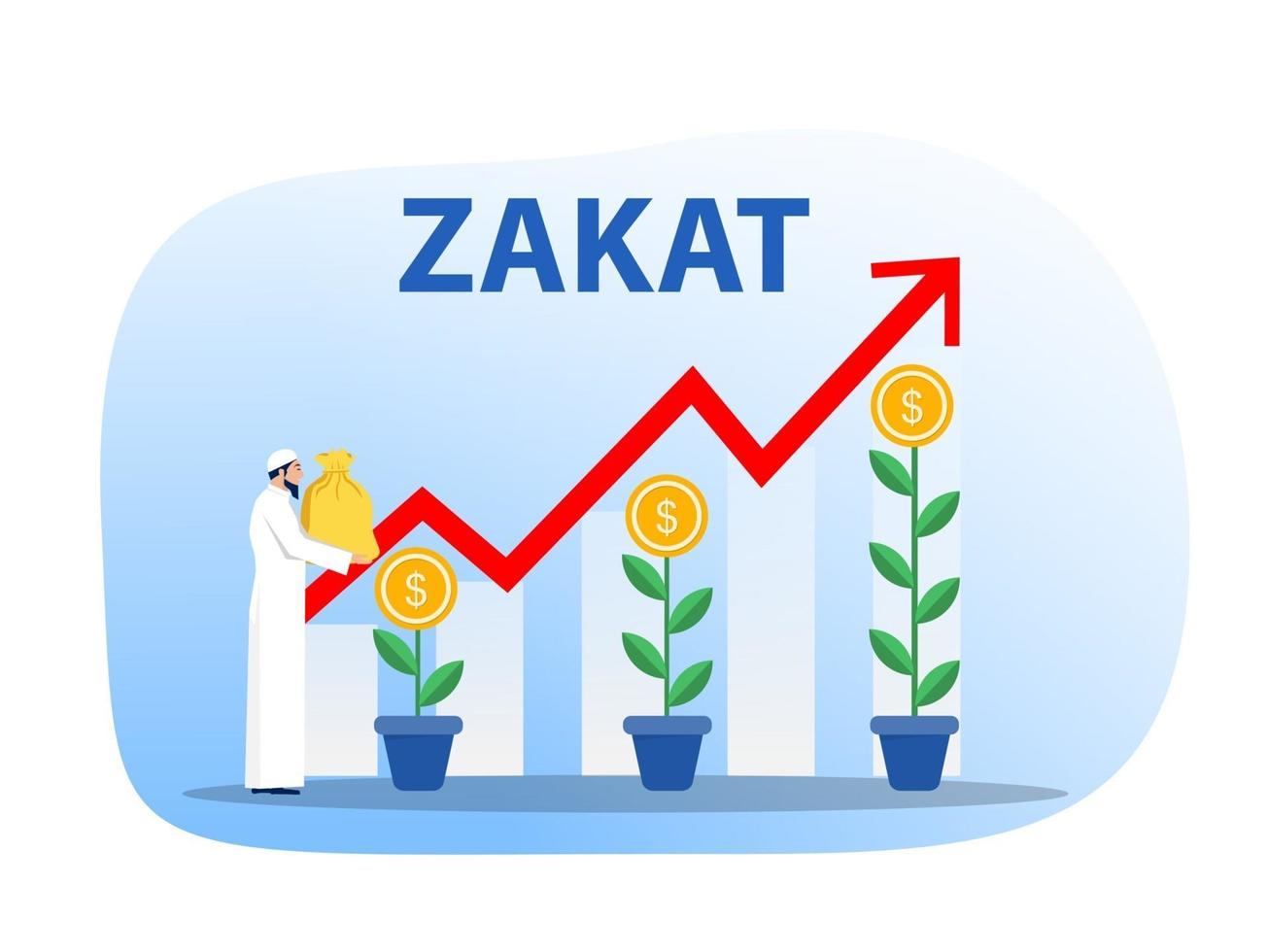 musulmanes con bolsa de dinero para pagar zakat con donación de crecimiento zakat objetivo concepto ilustrador vector