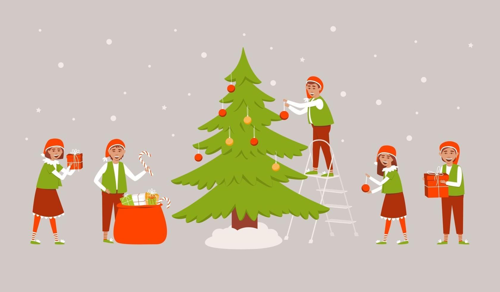 un conjunto de elfos decorando el árbol de navidad y preparando regalos para navidad vector