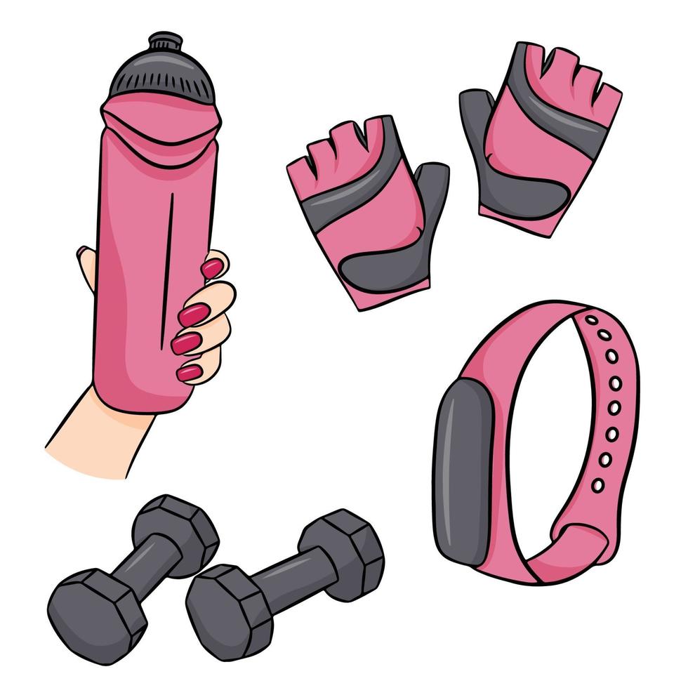 vector conjunto de accesorios de fitness en estilo de dibujos animados. ilustración vectorial aislado en un fondo blanco.