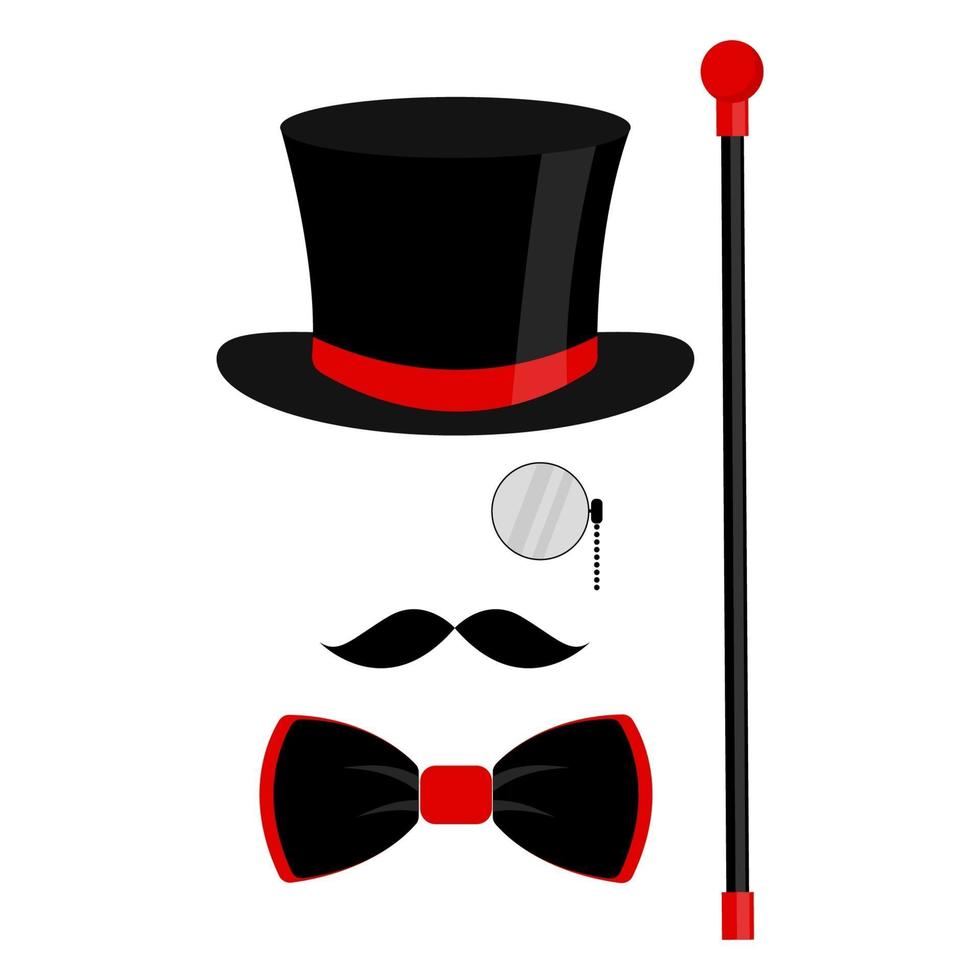 sombrero de copa negro, pajarita, monóculo y bigote. Ilustración de vector de moda sobre fondo blanco para tarjeta de regalo, certificado, banner, logotipo.