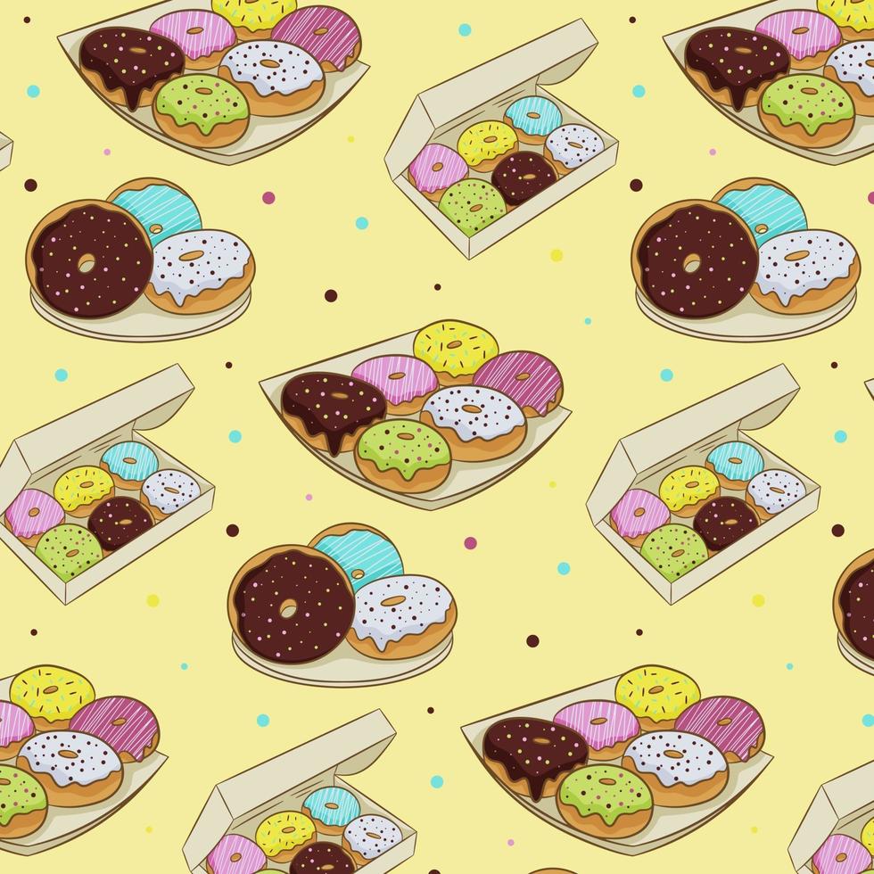 Seamless pattern of colorful donuts in icing, isolated on a white background. Vector illustration in cartoon flat style.
