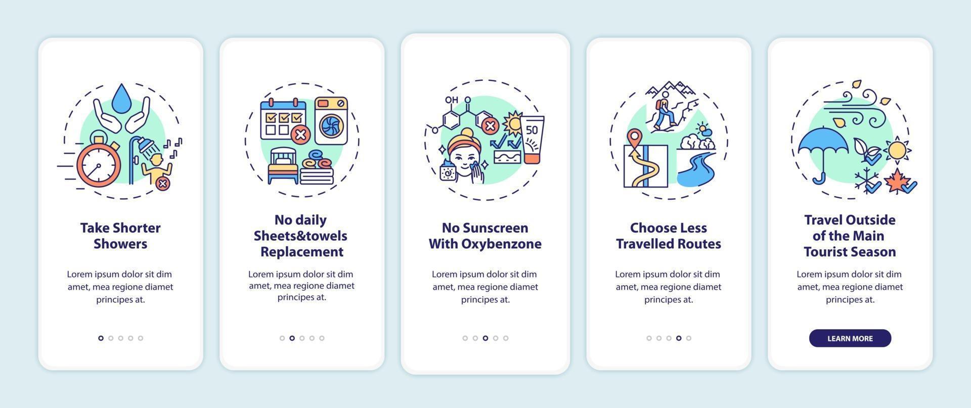 Sustainable tourism ideas onboarding mobile app page screen with concepts vector
