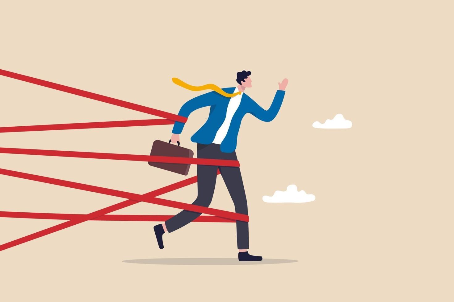 Business difficulty or struggle with career obstacle, limitation and trap or challenge to overcome to success concept, businessman tied up with red tape trying to run away with full effort. vector