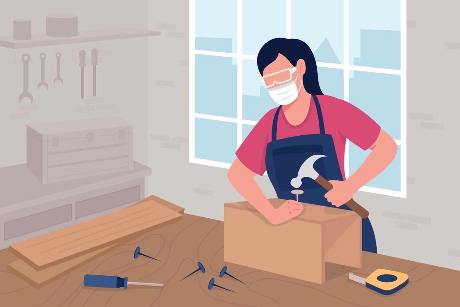 Female carpenter in protective glasses at work flat color vector illustration