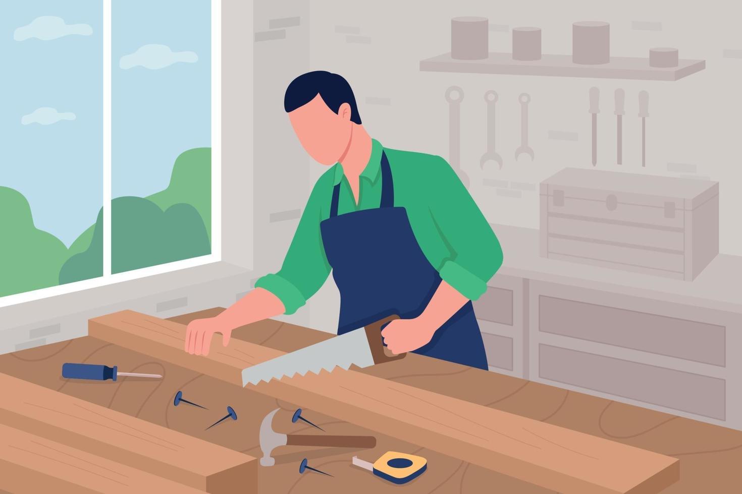 Carpenter at work flat color vector illustration
