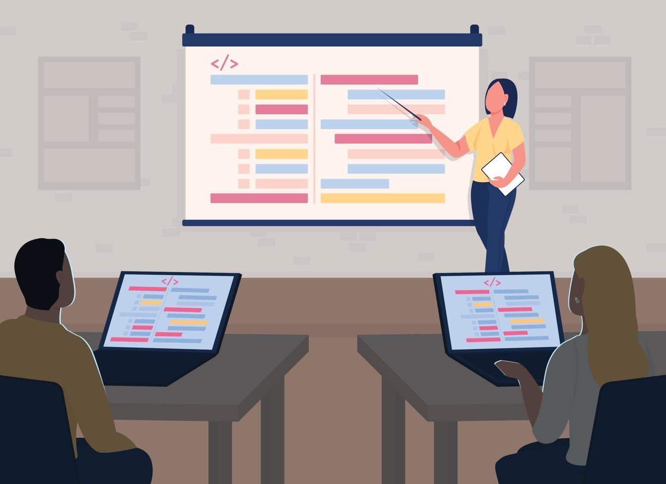 Programming course class flat color vector illustration