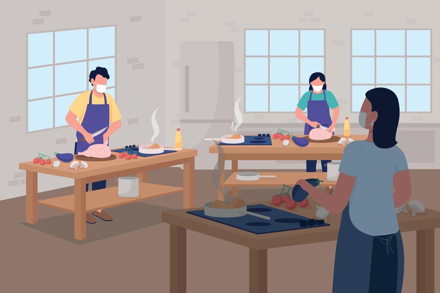 Cooking class during social distancing flat color vector illustration