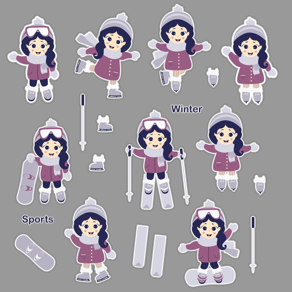 Kids winter. A set of stickers - Cute girl skiing, skating and snowboarding in different poses. winter sports. Vector illustration. Childrens collection for postcards, design and print