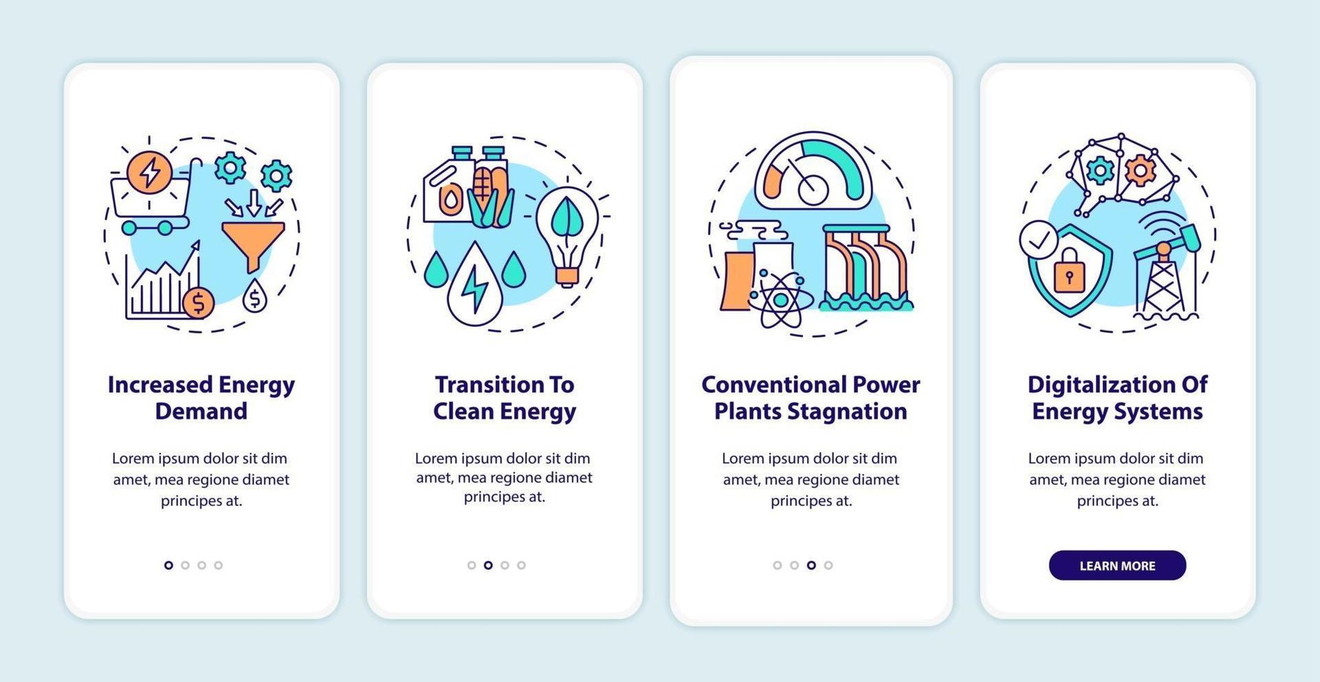 Energy industry trends onboarding mobile app page screen with concepts vector