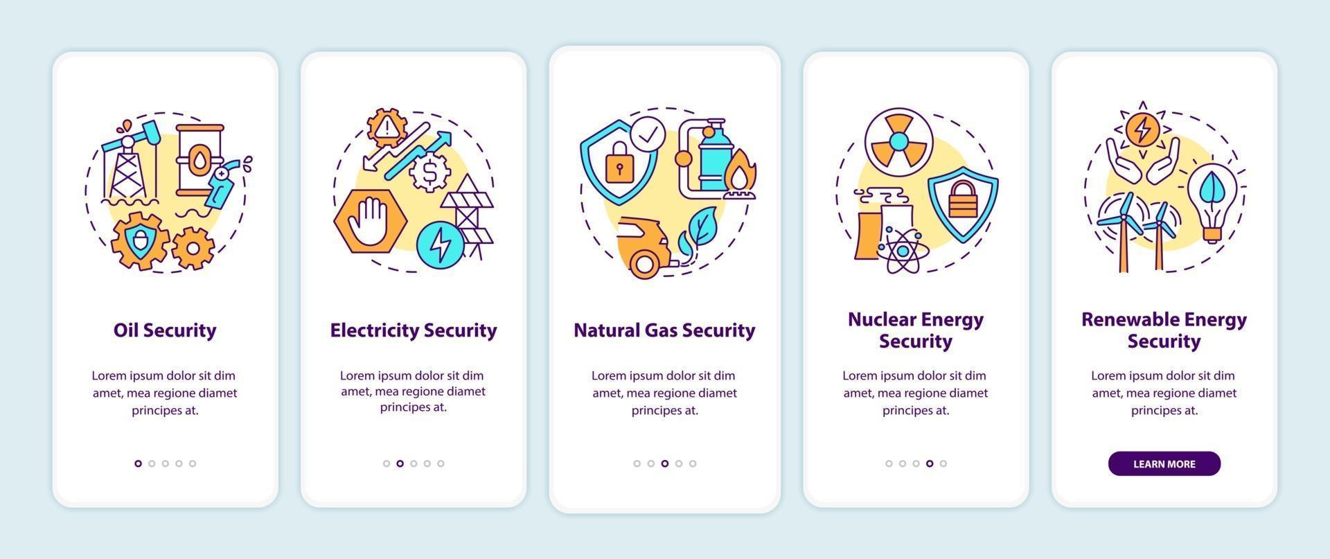 Energy security types onboarding mobile app page screen with concepts vector