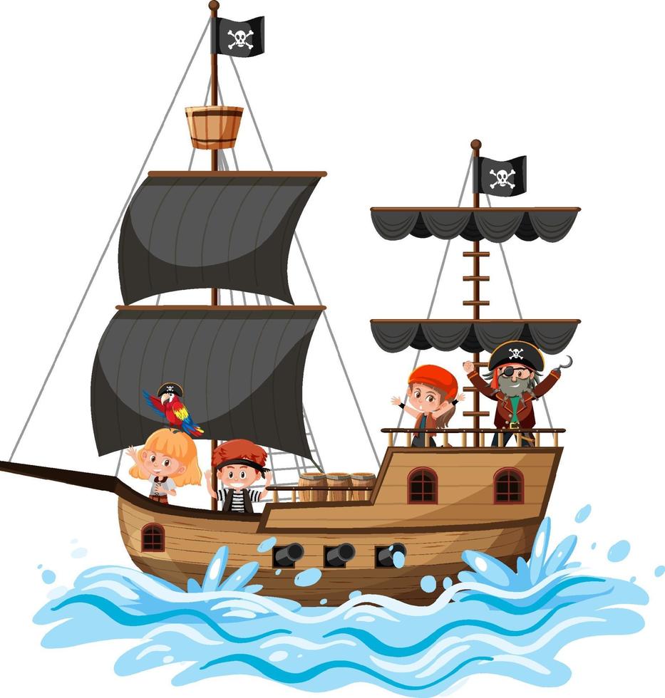 Barco pirata en las olas del océano con muchos niños aislado sobre fondo blanco. vector