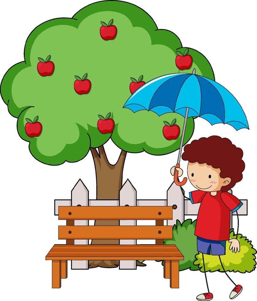personaje de dibujos animados de doodle una niña sosteniendo un paraguas con manzano vector