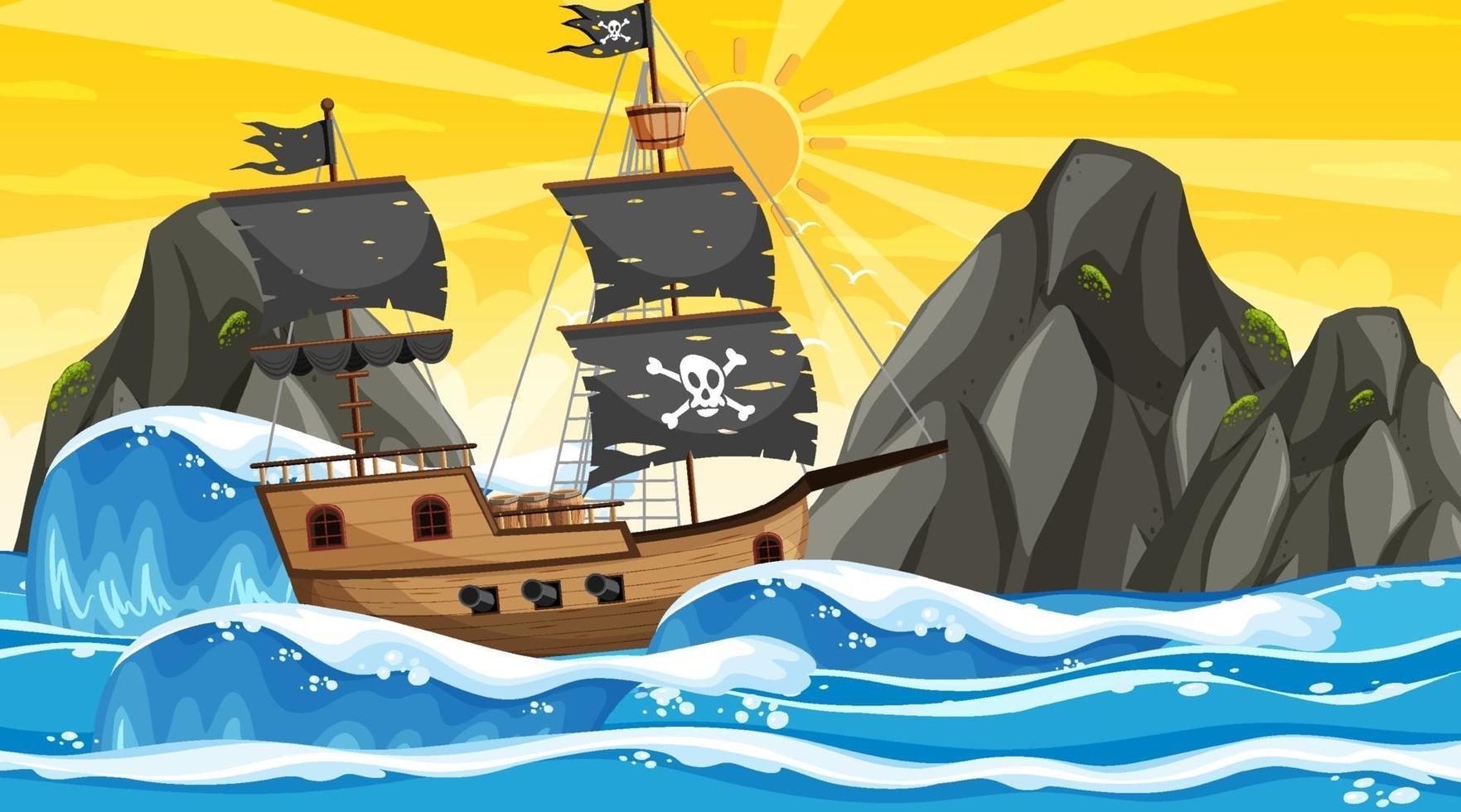 Océano con barco pirata en la escena del atardecer en estilo de dibujos animados vector