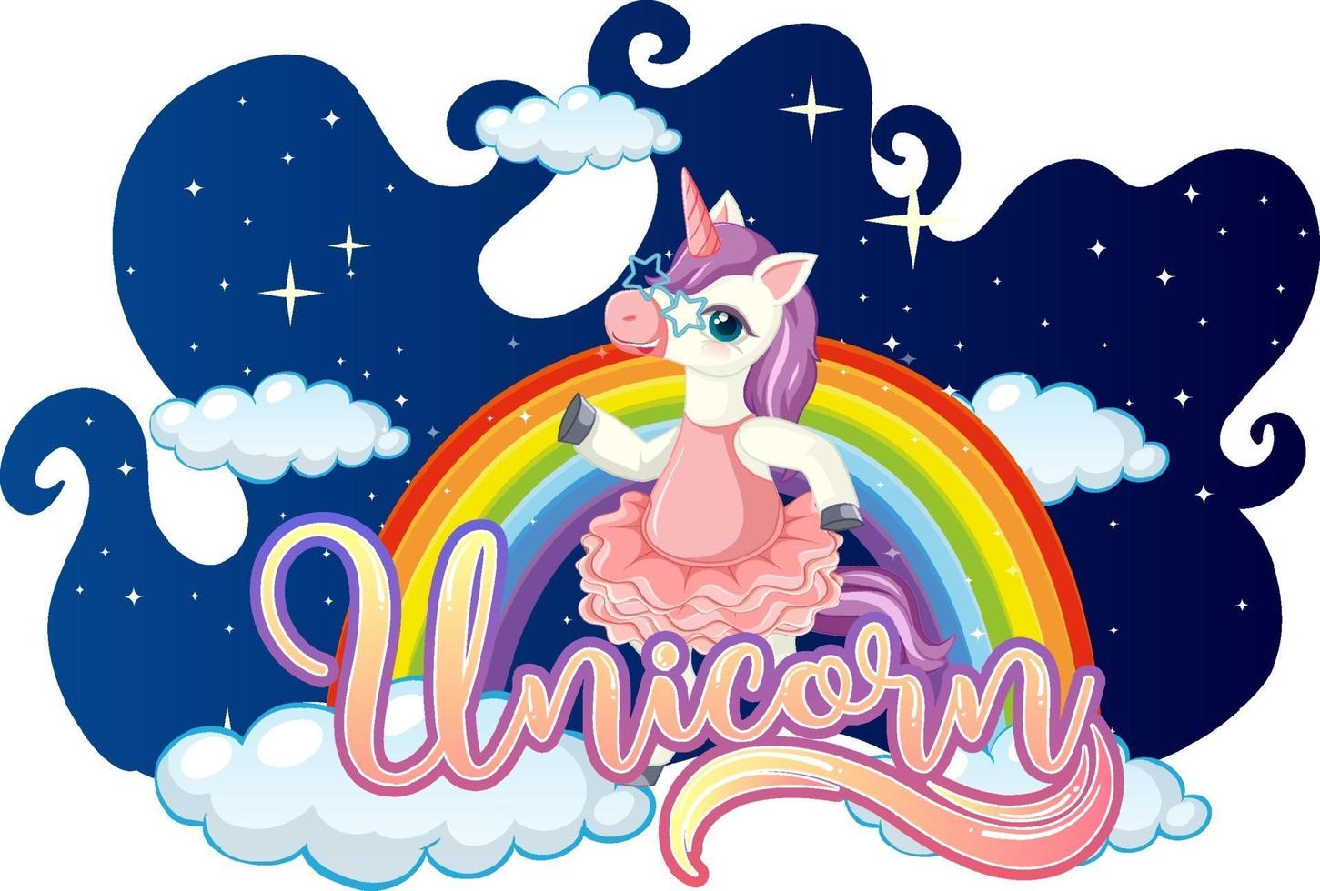 una fuente de cuento de hadas con un personaje de dibujos animados de unicornio de pie sobre una nube vector