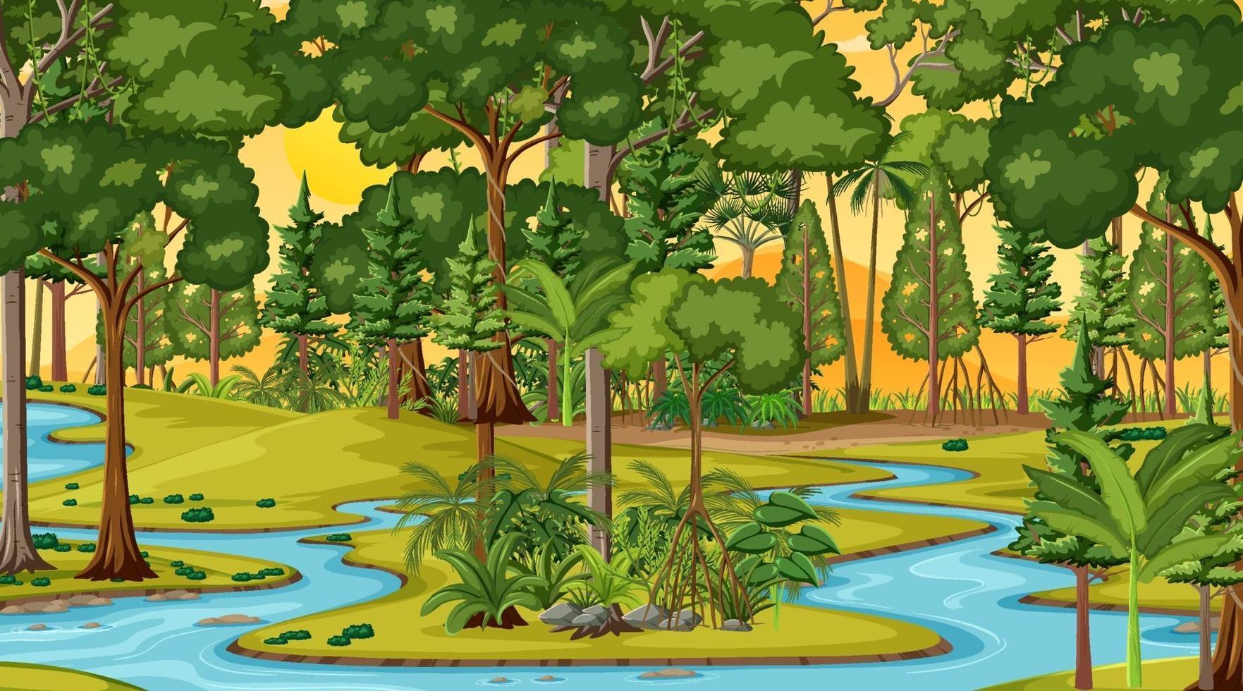 River along the forest scene at sunset time vector