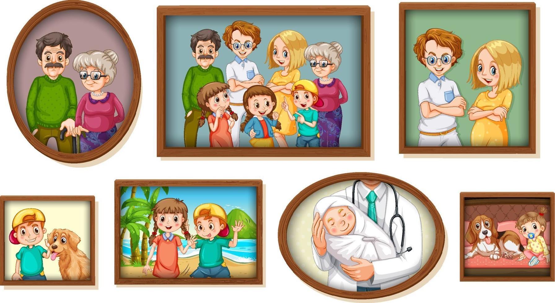 conjunto de foto de familia feliz en el marco de madera vector