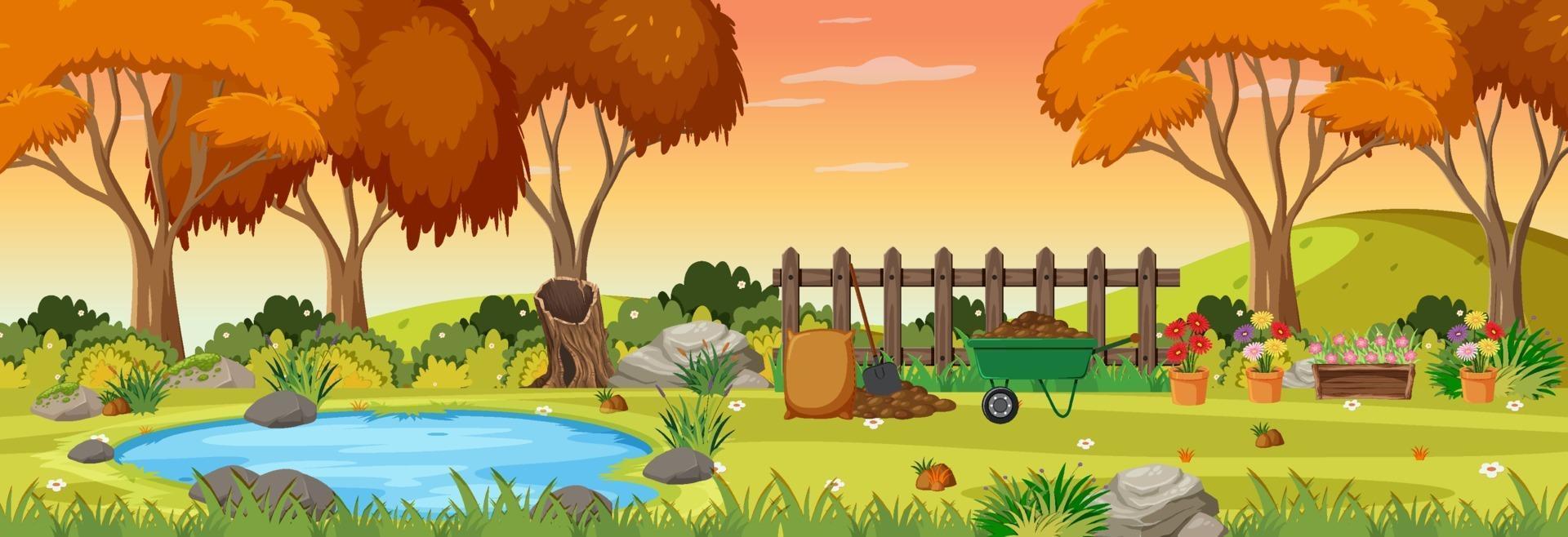 Autumn season with garden at sunset time horizontal scene vector